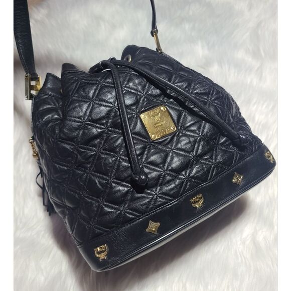 MCM|Vintage Black Leather Quilted Drawstring Bucket Bag - Picture 3 of 13